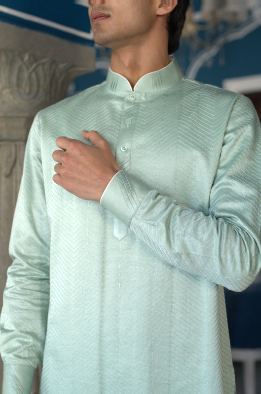 Mint Green Linen Silk Zig Zag Embroidered Short Kurta