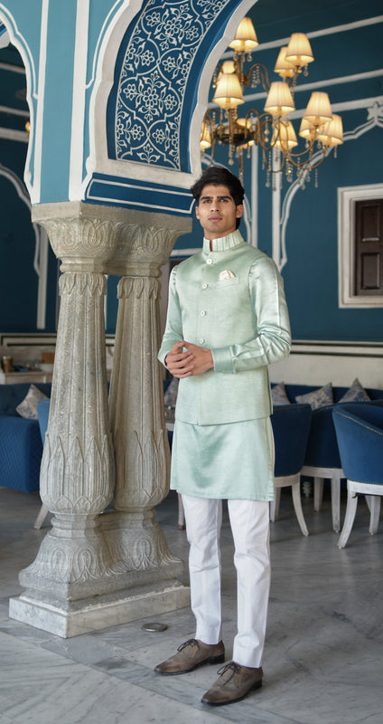 Mint Green Linen Silk Zig Zag Embroidered Half Jacket