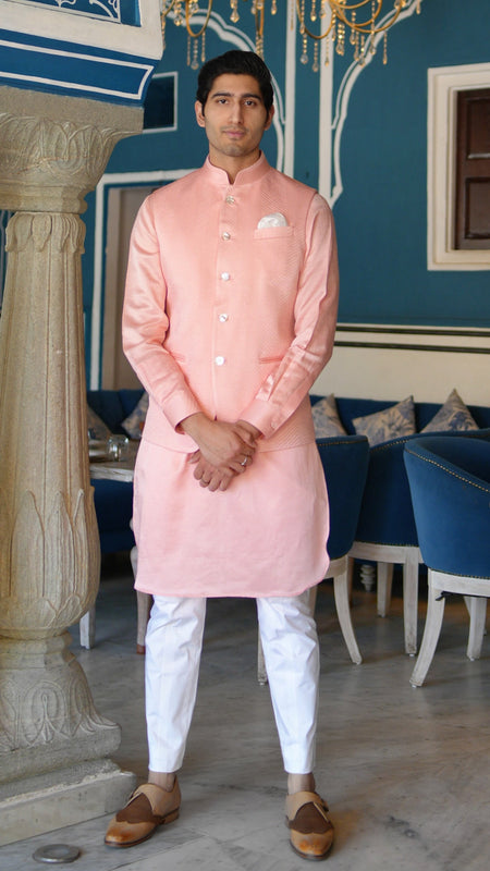 Peach Linen Silk Zig Zag Embroidered Half Jacket