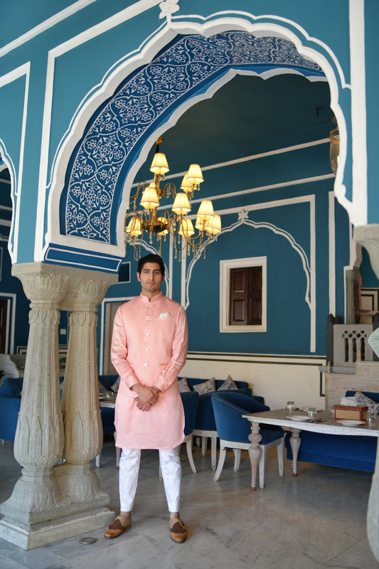 Peach Linen Silk Zig Zag Embroidered Half Jacket