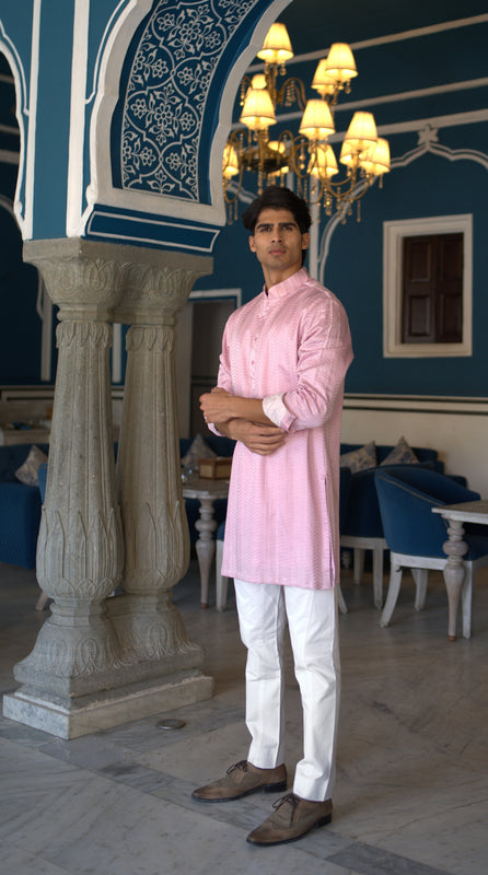 Pink Linen Silk Herring Emb. Short Kurta