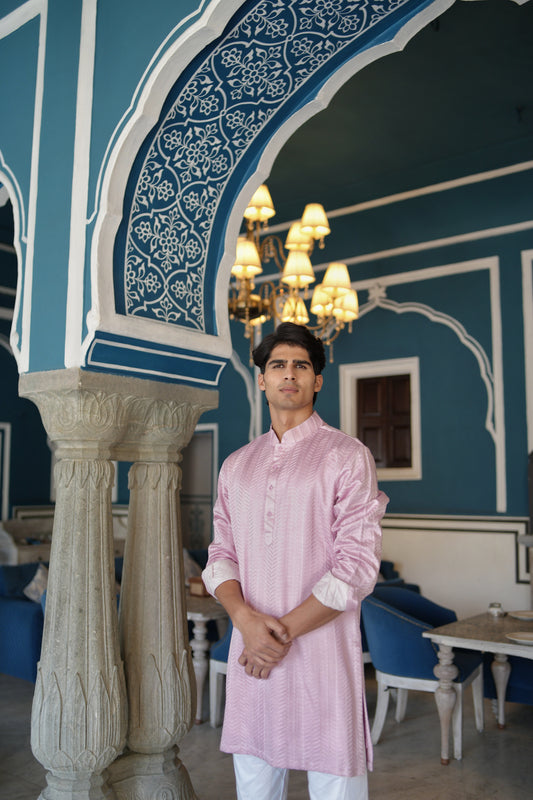 Pink Linen Silk Herring Emb. Short Kurta