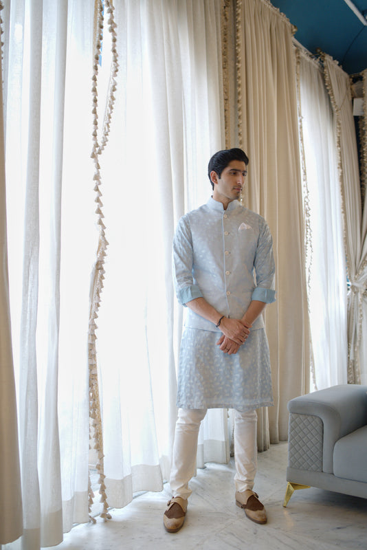 Powder Blue Linen Silk Leaf Emb. Half Jacket