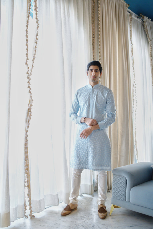 Powder Blue Leaf Embroidered Kurta