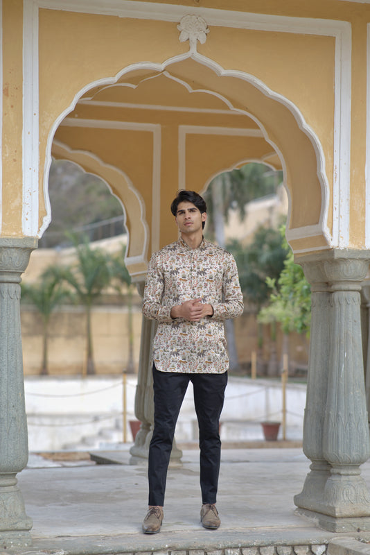 Cream Linen Silk Jungle Printed Short Kurta