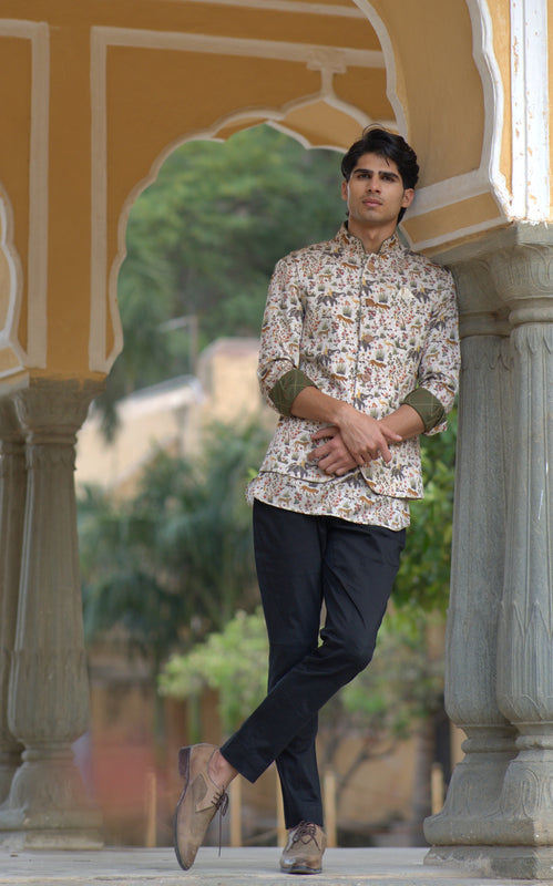 Cream Linen Silk Jungle Printed Half Jacket