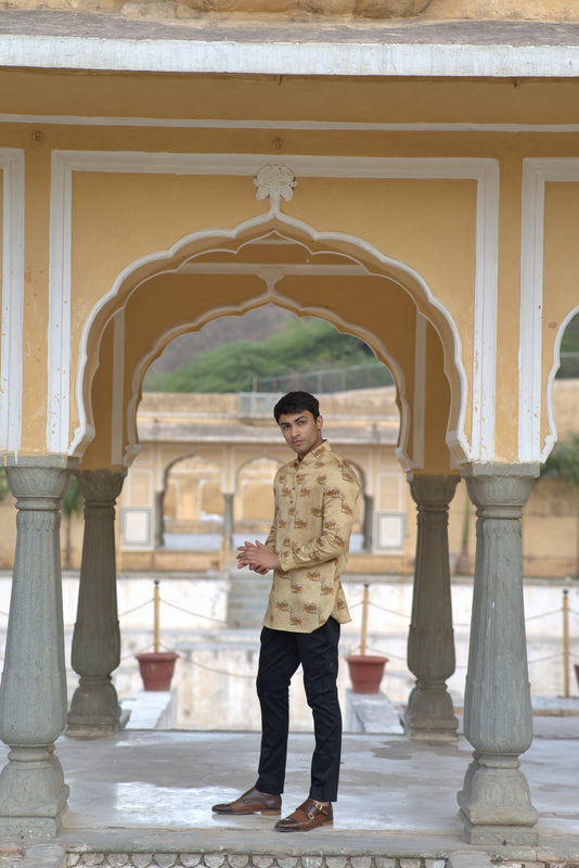 Gold Linen Silk Jungle Printed Short Kurta