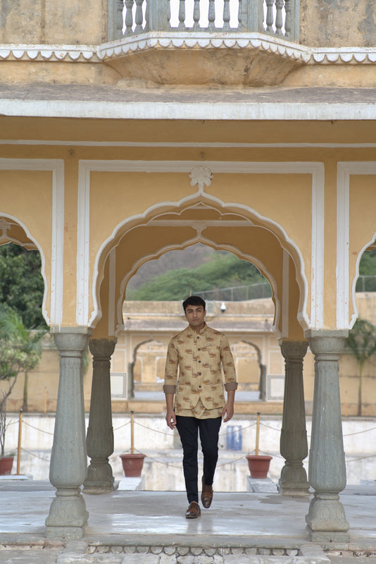 Gold Linen Silk Jungle Printed Half Jacket