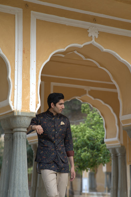 Black Linen Silk Jungle Printed Half Jacket