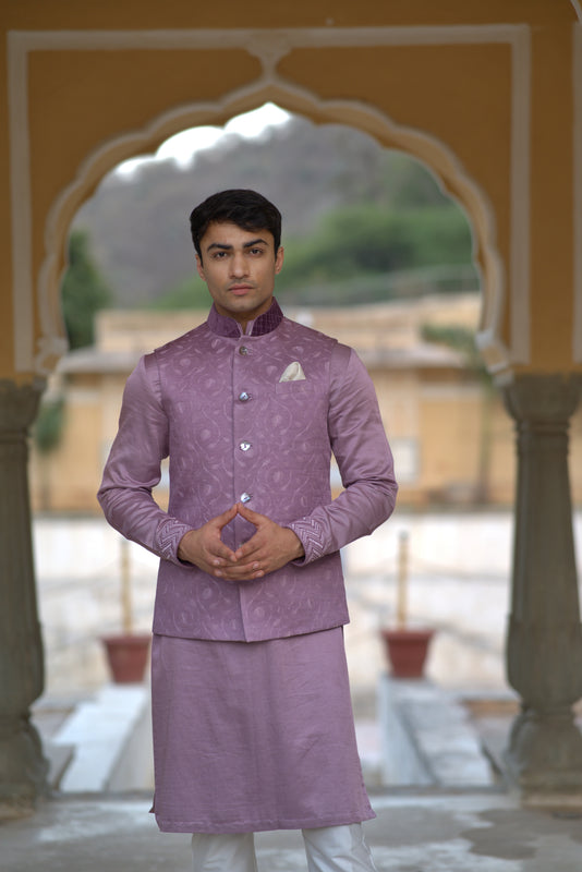 Mauve Linen Silk Flamingo Embroidered Half Jacket