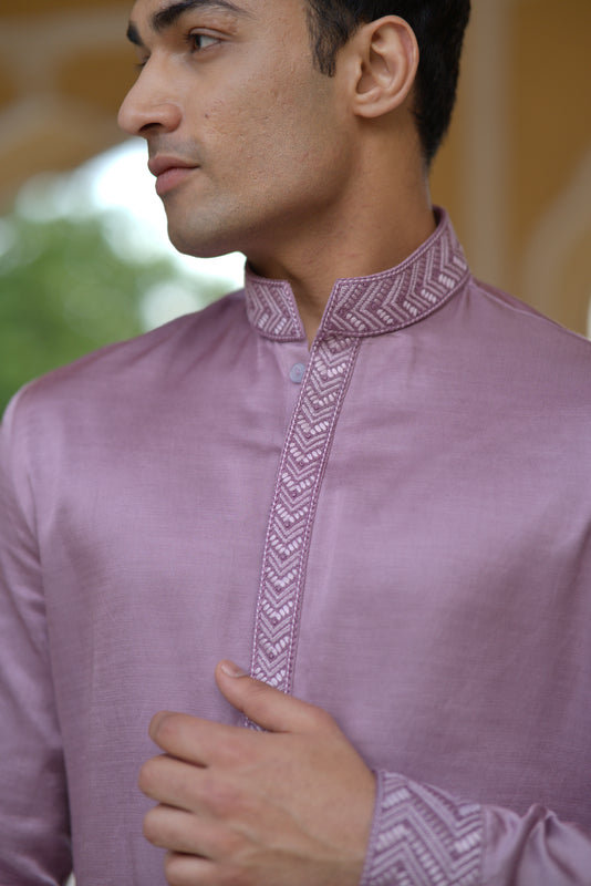 Mauve Linen Silk Embroidered Kurta