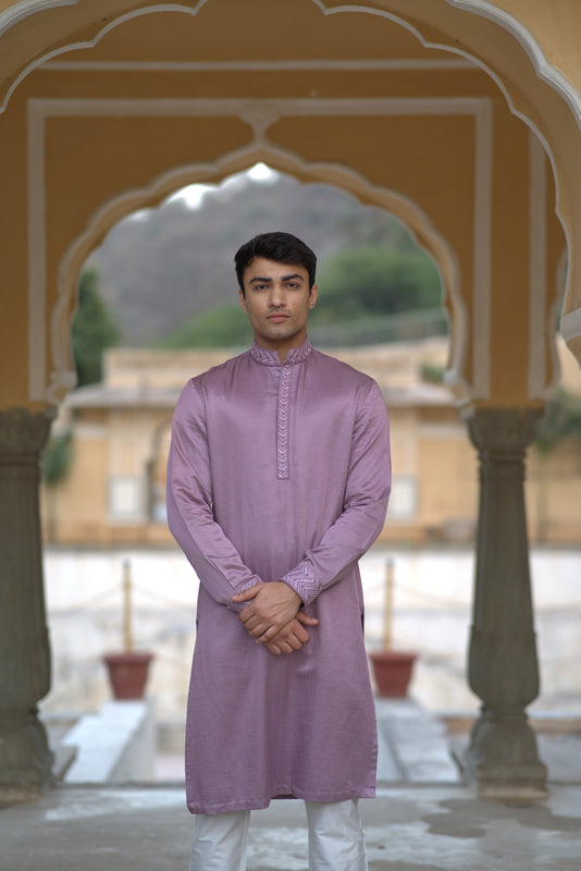 Mauve Linen Silk Embroidered Kurta
