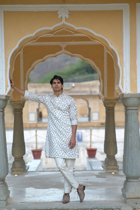 White Grey Linen Silk Leaf Emb. Kurta