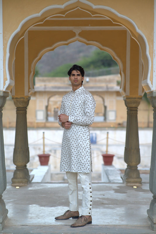 White Grey Linen Silk Leaf Emb. Kurta