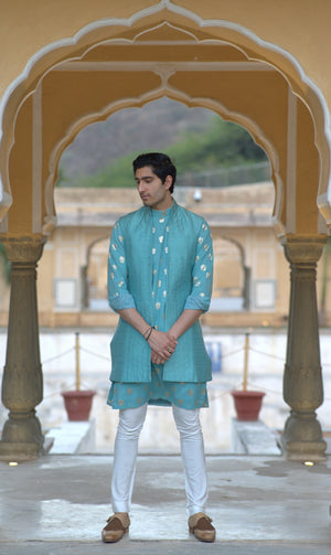 Aqua Silk Quilted Minus Half Jacket