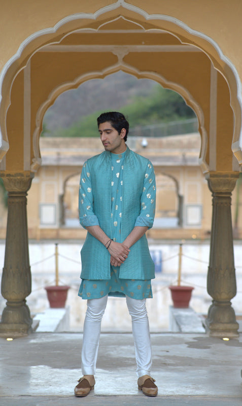 Aqua Silk Quilted Minus Half Jacket