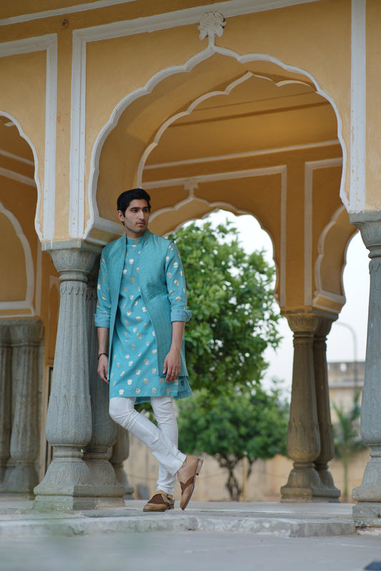 Aqua Silk Quilted Minus Half Jacket