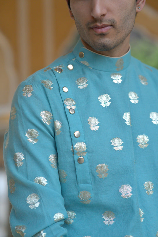 Aqua / Gold Booti Chanderi Silk Kurta
