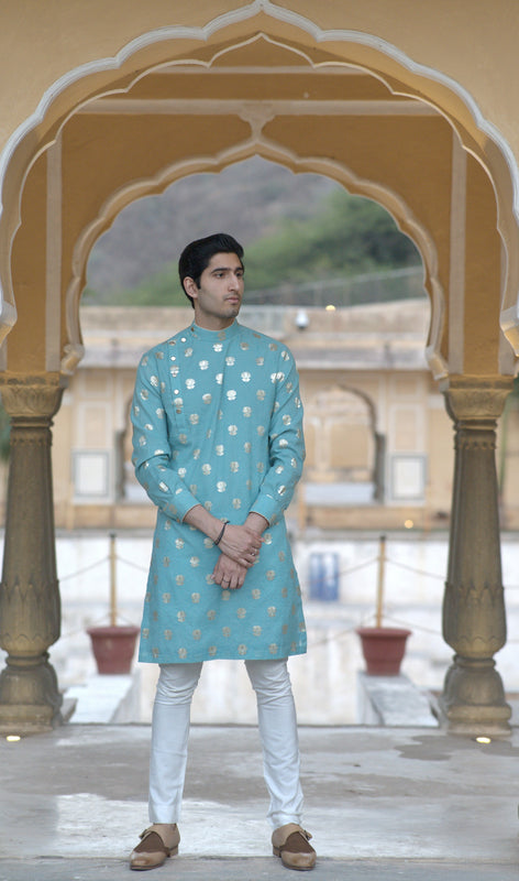 Aqua / Gold Booti Chanderi Silk Kurta