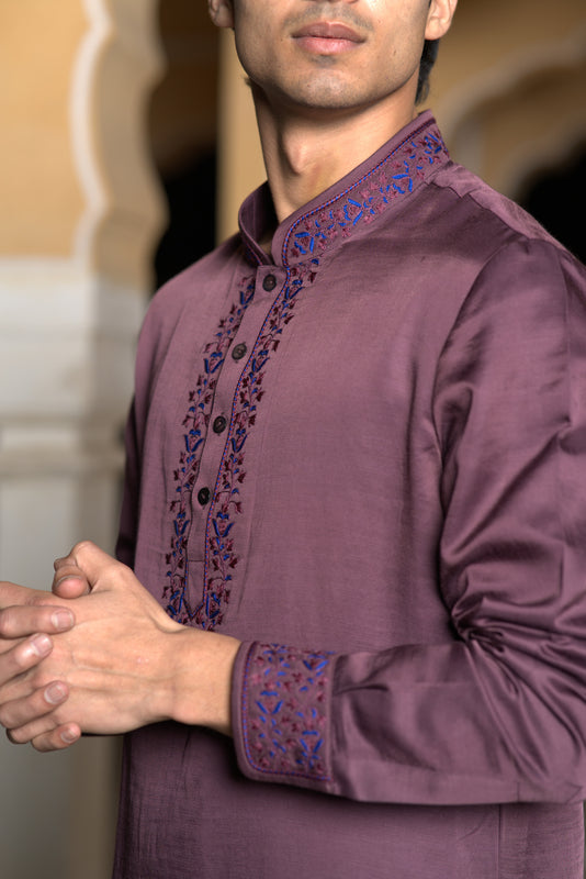 Wine Linen Silk Emb Kurta