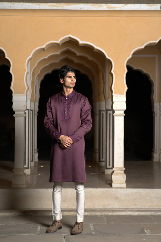Wine Linen Silk Emb Kurta