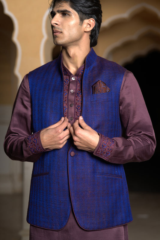 Blue Wine Matka Silk Half Jacket