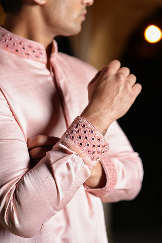 Peach Linen Silk Mirror Work Kurta