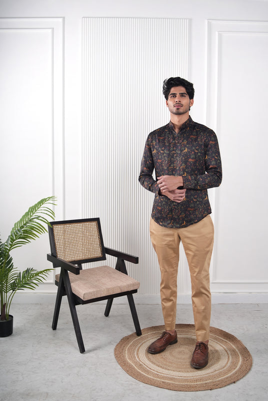 Black Jungle Print Silk Shirt