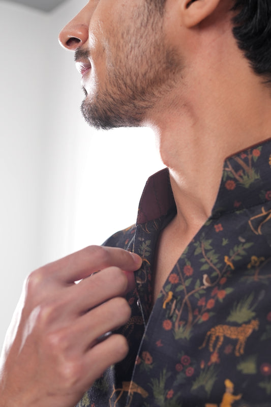 Black Jungle Print Silk Shirt