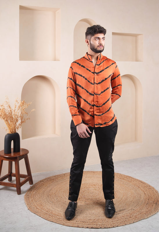 Orange Black Lehriya Silk  Shirt