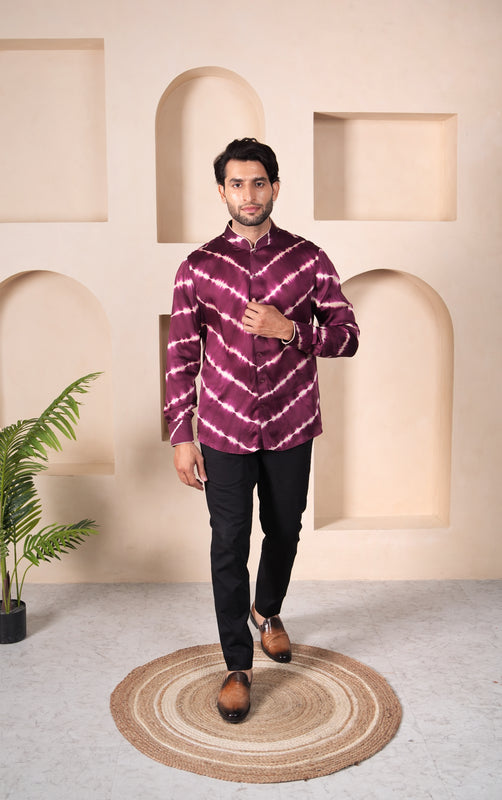 Plum Off White Lehriya Silk Shirt