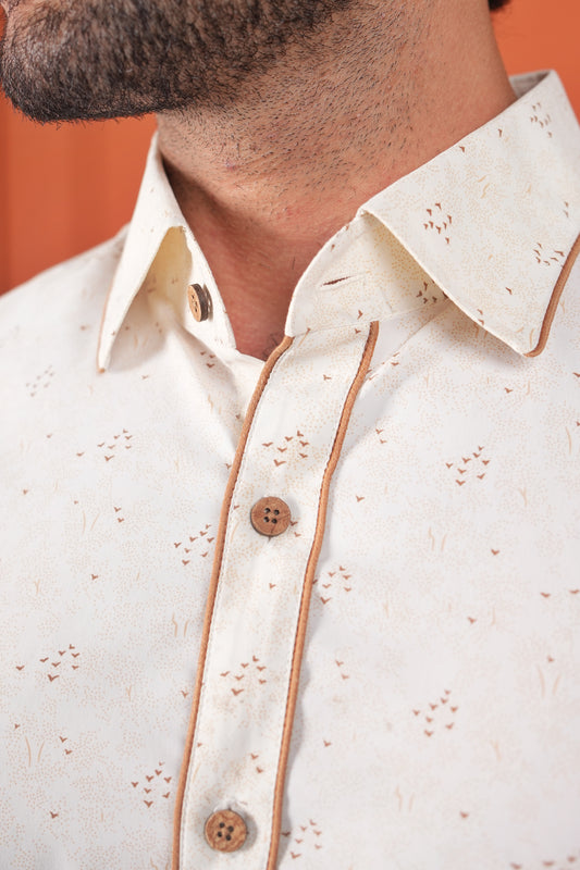 Cream Brown Printed Cotton Shirt