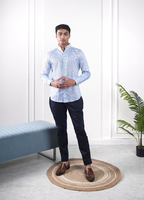 Blue White Floral Printed Cotton Shirt