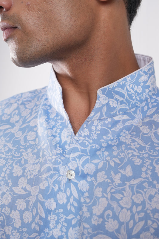 Blue White Floral Printed Cotton Shirt
