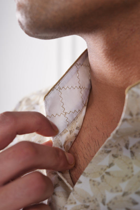 Cream Green Leaf Printed Cotton Shirt