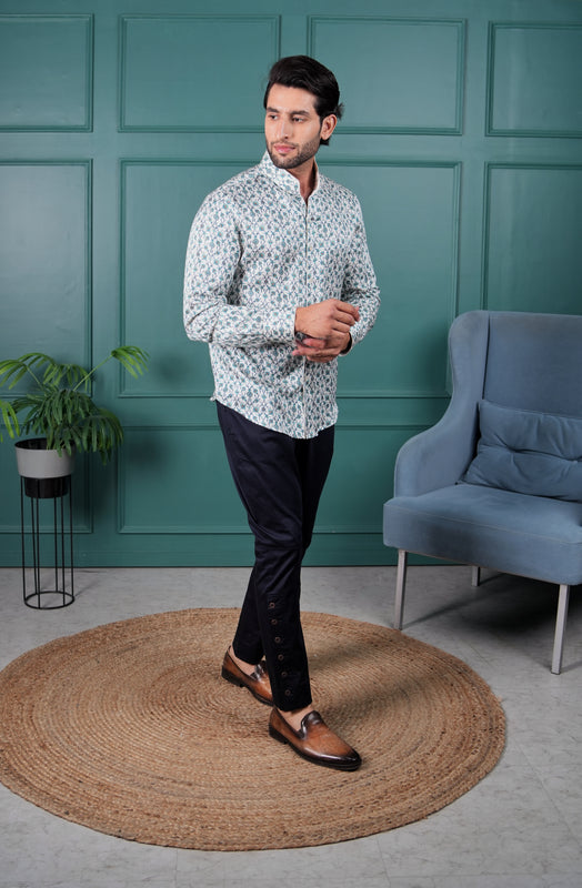 Off White Cyan Jaal Printed Silk Shirt