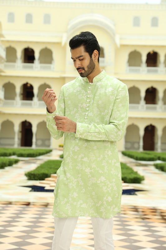 Green White Leaf Printed Linen Silk Short Kurta