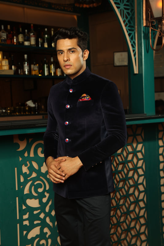 Midnight Blue Velvet Jodhpuri Bandhgala
