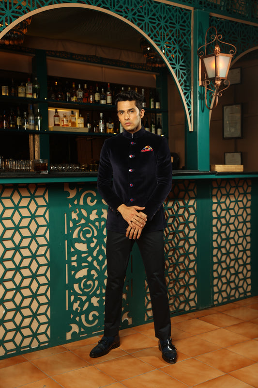 Midnight Blue Velvet Jodhpuri Bandhgala