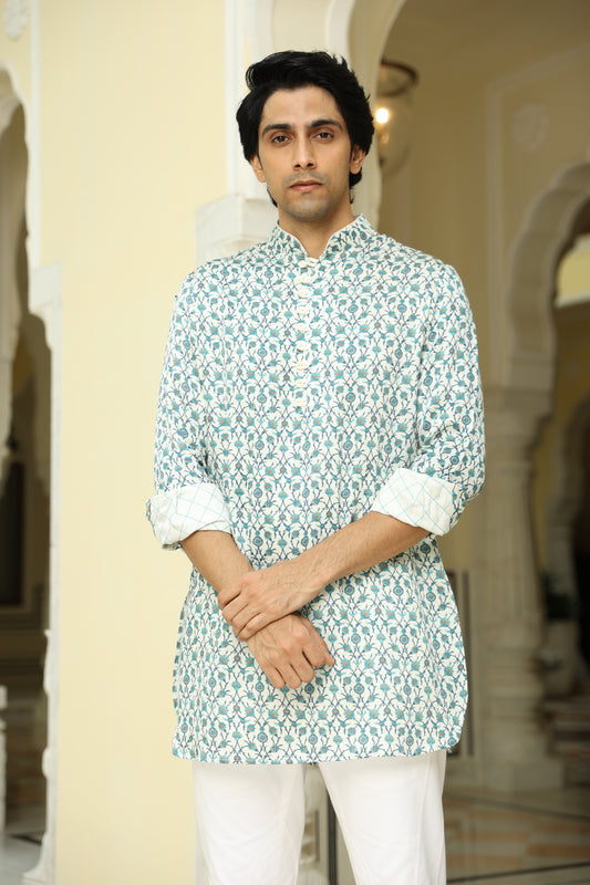 White Cyan Jaal Printed Linen Silk Short Kurta