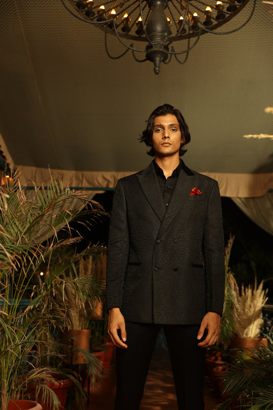Black Aztec Embossed Double Breast Tuxedo