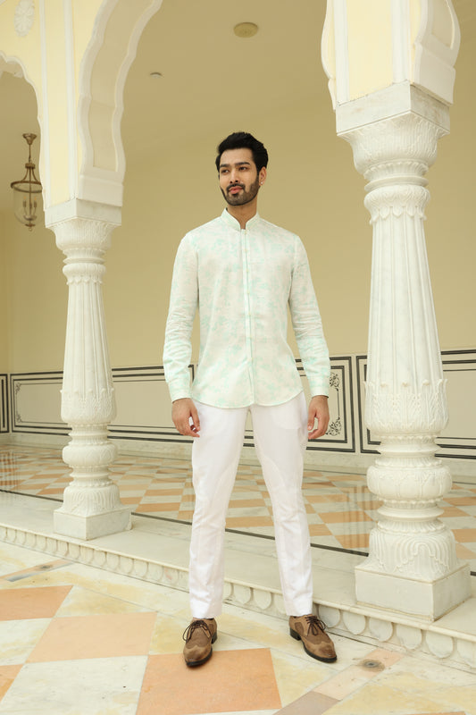 White Aqua Leaf Print Linen Silk Shirt