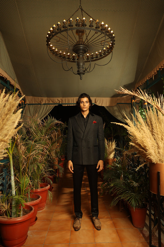 Black Aztec Embossed Double Breast Tuxedo