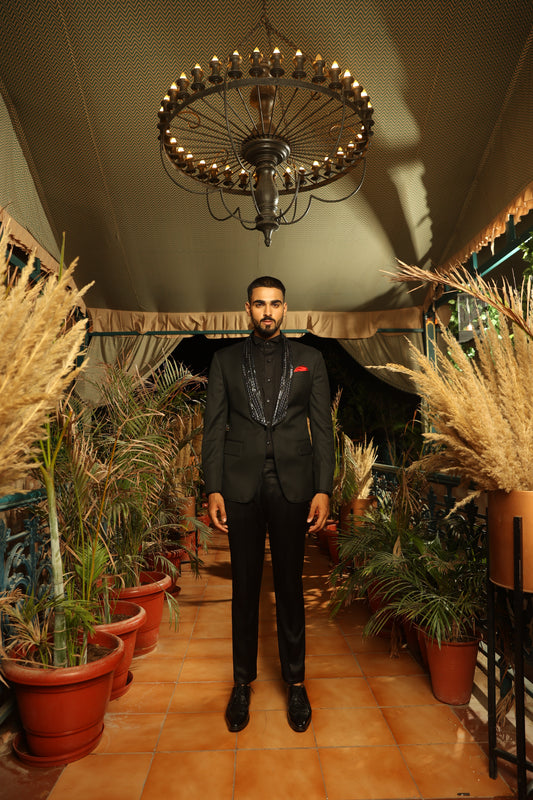 Black Wool Embroidered Tuxedo
