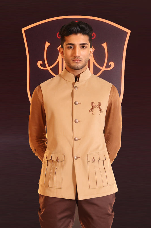 Beige Brush Cotton Embroidered Half Jacket