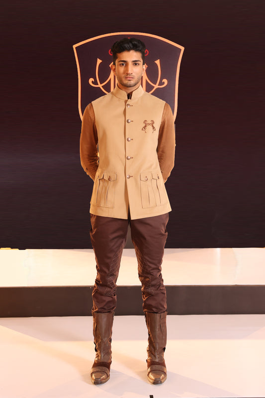 Beige Brush Cotton Embroidered Half Jacket