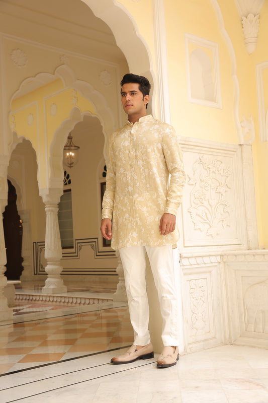 Gold White Leaf Printed Linen Silk Short Kurta