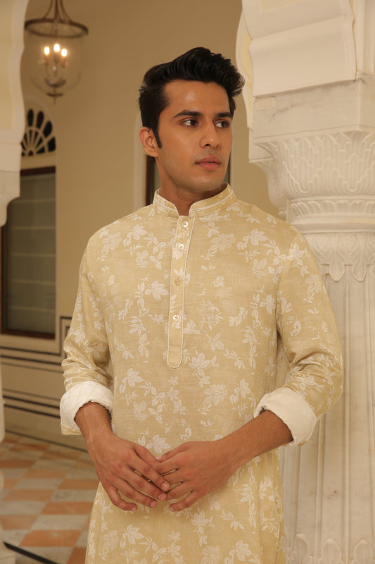Gold White Leaf Printed Linen Silk Short Kurta