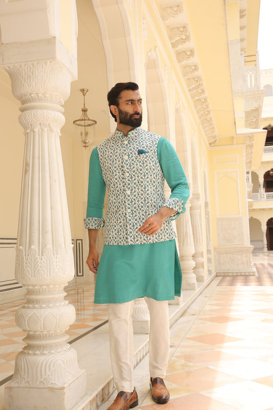 White Cyan Jaal Printed Linen Silk Half Jacket