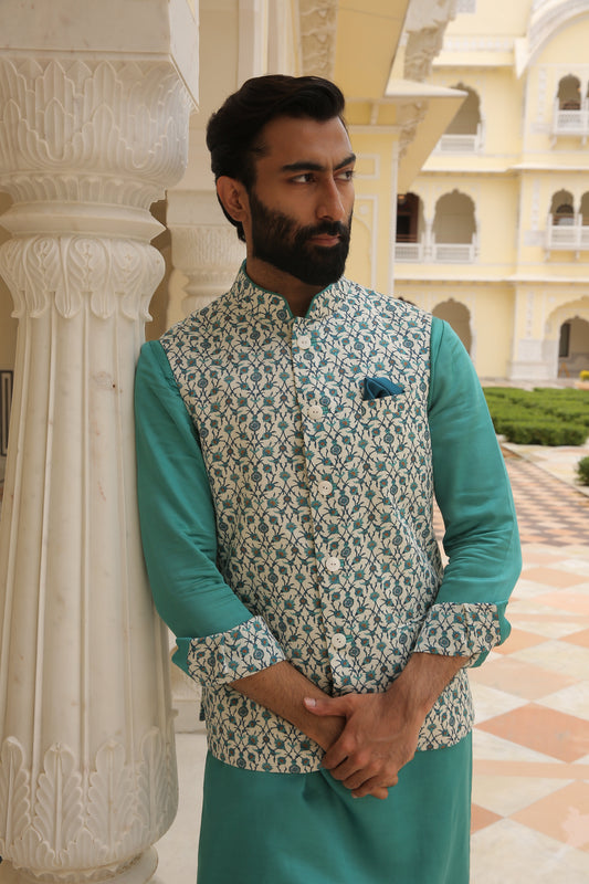 White Cyan Jaal Printed Linen Silk Half Jacket